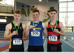 Daniel Ryan of Thurles CBS, first, John McKenna of Patrician college Newbridge, second, left, and Shane Traynor-Canavan, third, right, at the Irish Life Health All Ireland Schools Combined Events in Athlone, Co. Westmeath. Photo by Oliver McVeigh/Sportsfile